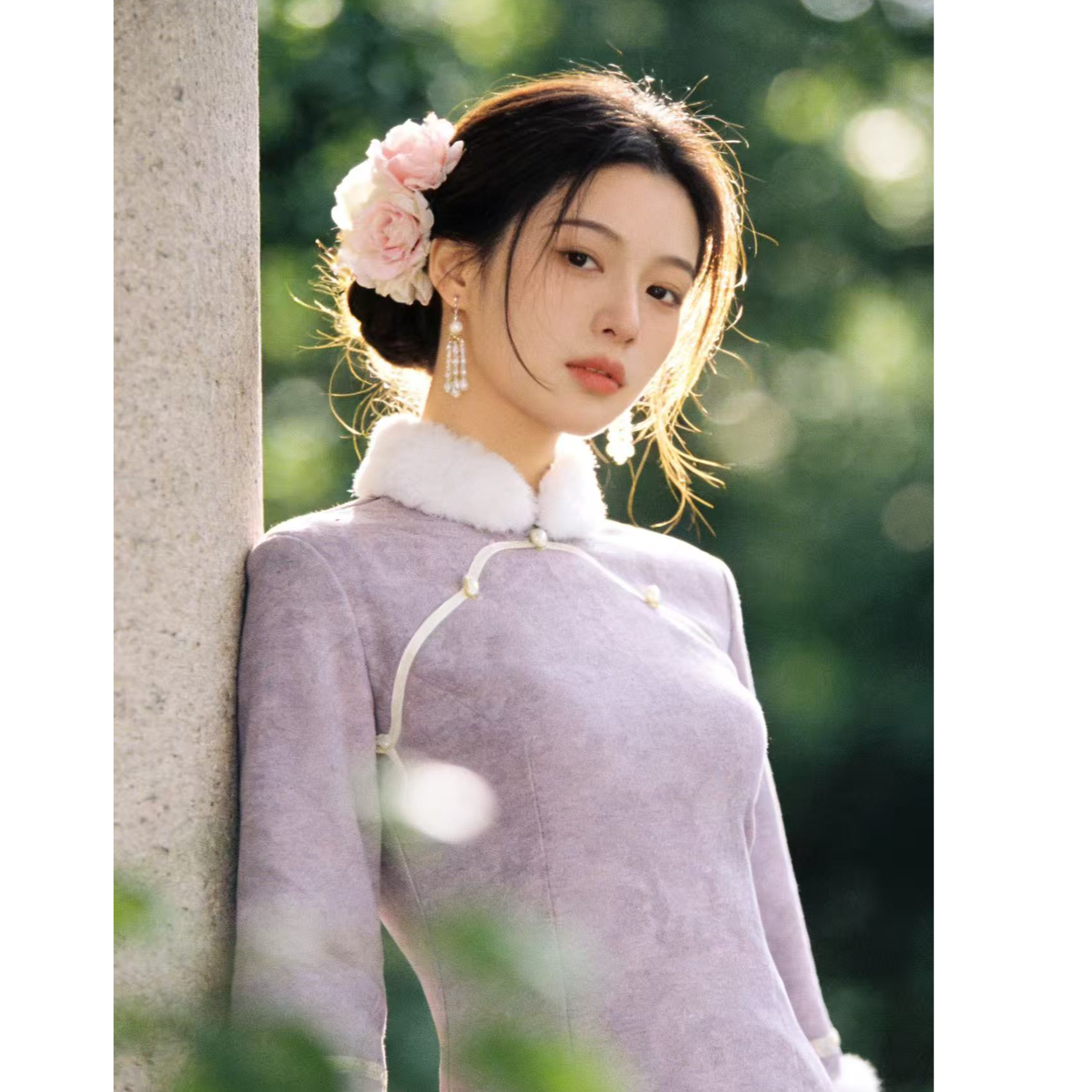 Z 1638 【紫檀】 紫色 珠珠扣 美玲襟 翻领毛绒 旗袍