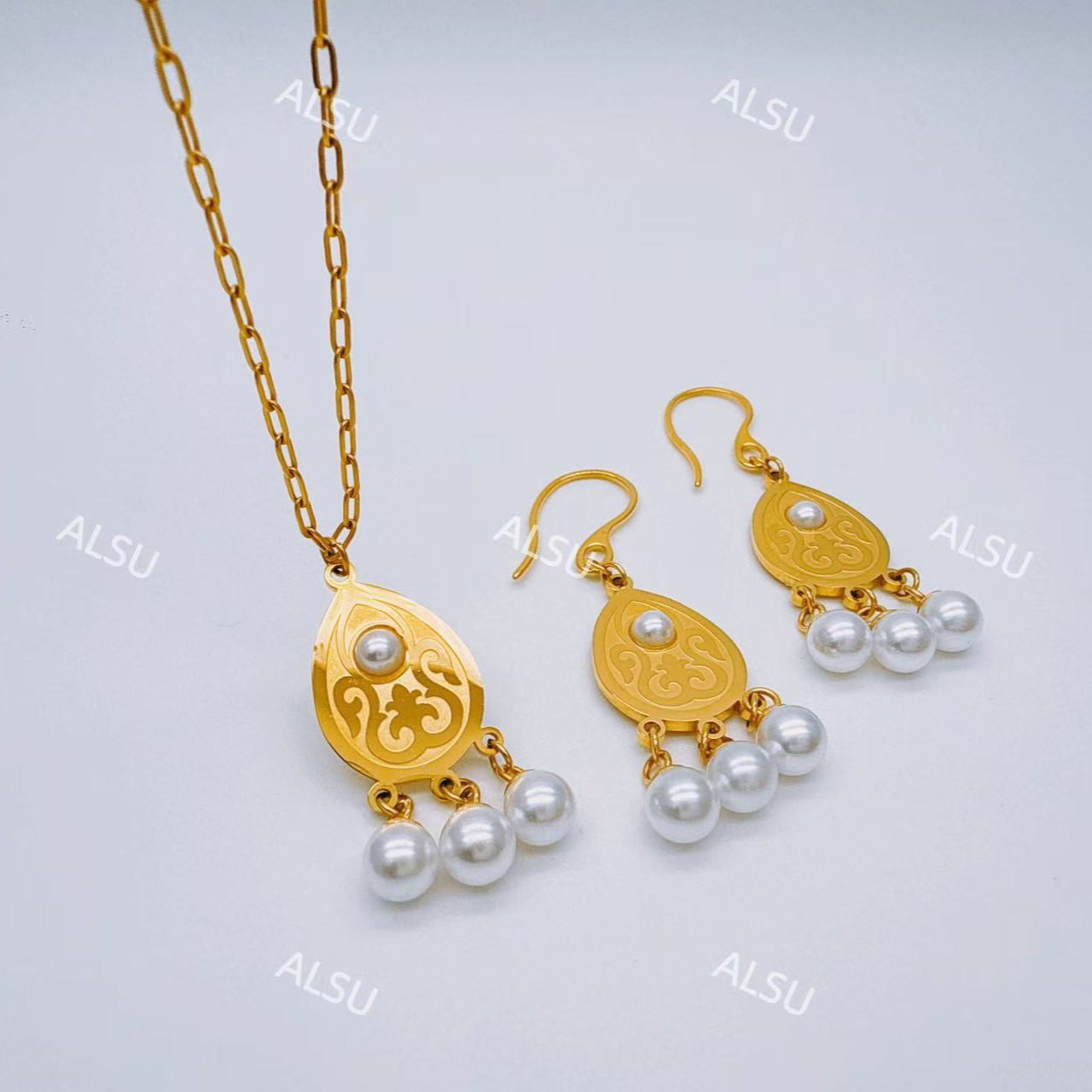 合金项链 ALSU原创新款经典民族风简约风项链耳环两件套轻奢气质