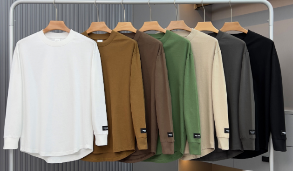 春秋季纯色小标长T圆领时尚百搭套头创意休闲卫衣库6899*东3