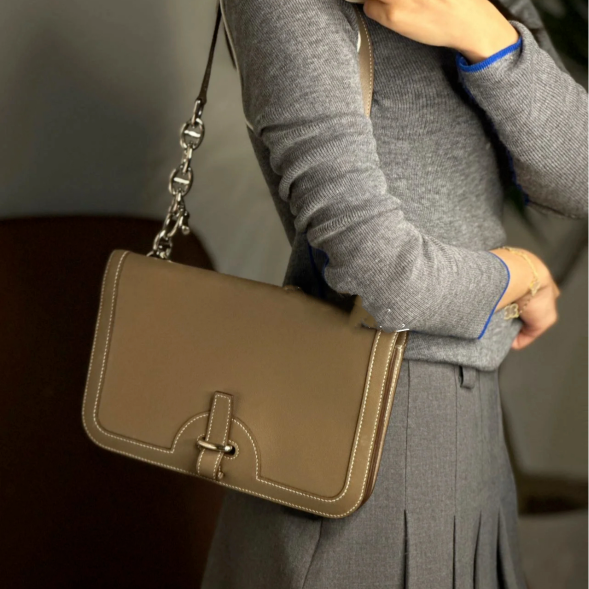 99新 Hermes/爱马仕 小花Jerry sac chaine 链条包 框N 大象灰