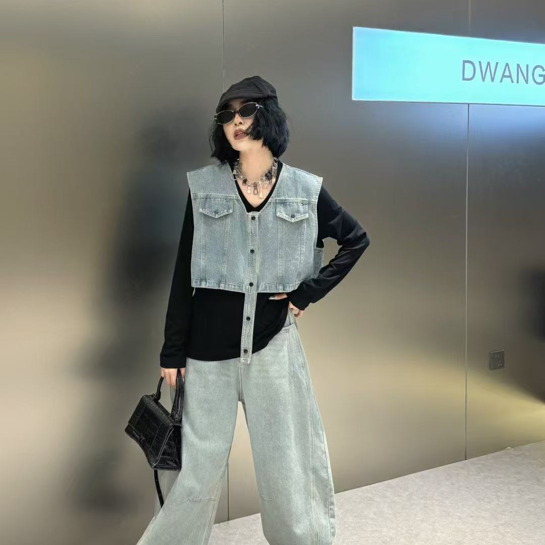牛仔假两件7692时尚休闲百搭复古宽松水洗韩版个性饕餮服饰大码