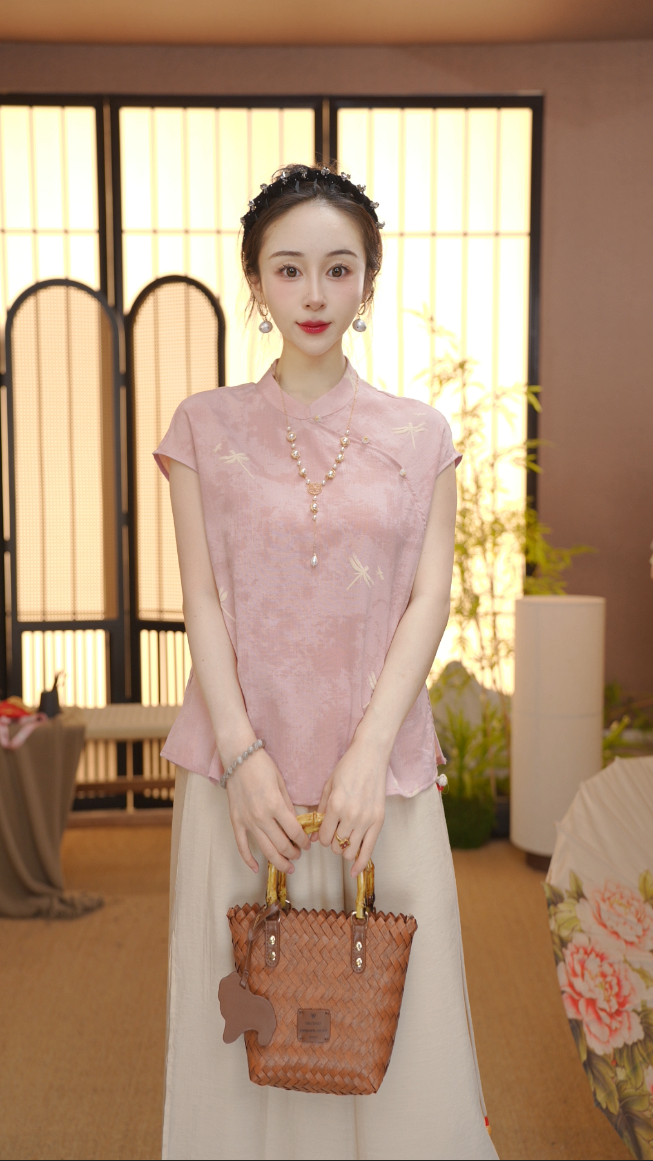 新中式2025夏季气质百搭提花立领短袖上衣女FB2506208