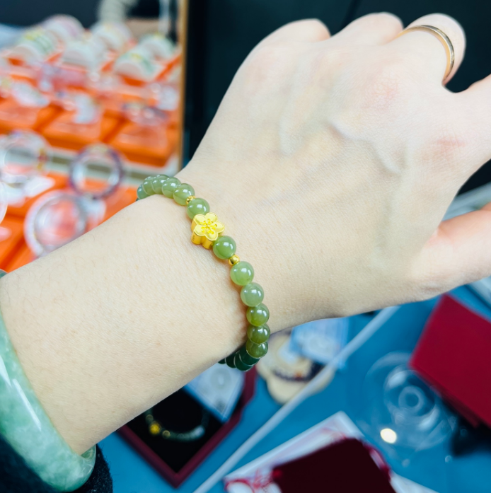 福泽人/FCR   纯黄金桃花足金999深色和田玉手串