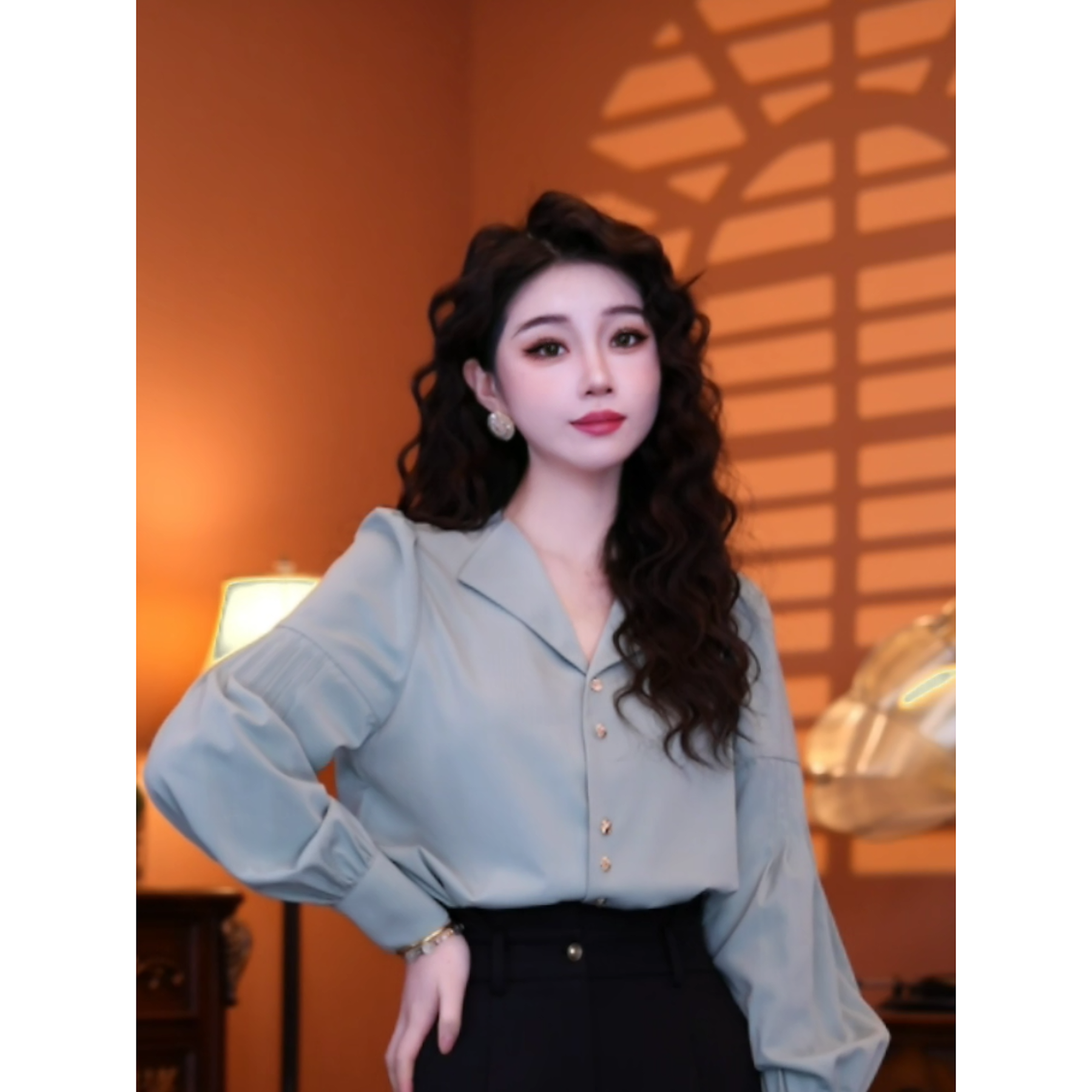 蒋肉肉【苏打绿】港味复古时尚气质薄款显瘦设计上衣01641