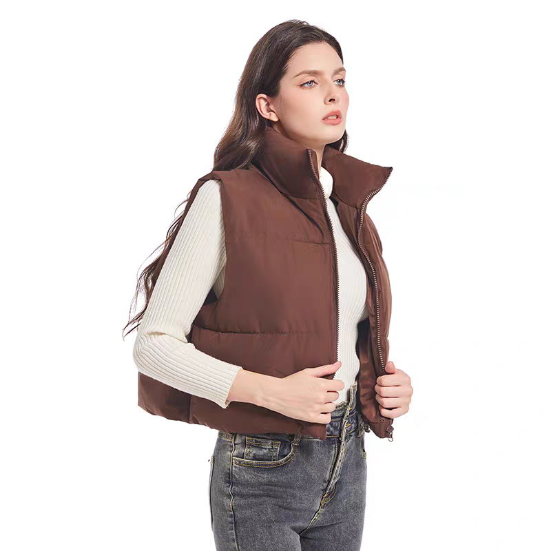 外贸短款保暖棉背心马甲年秋冬新款立领无袖外套欧美马夹3344