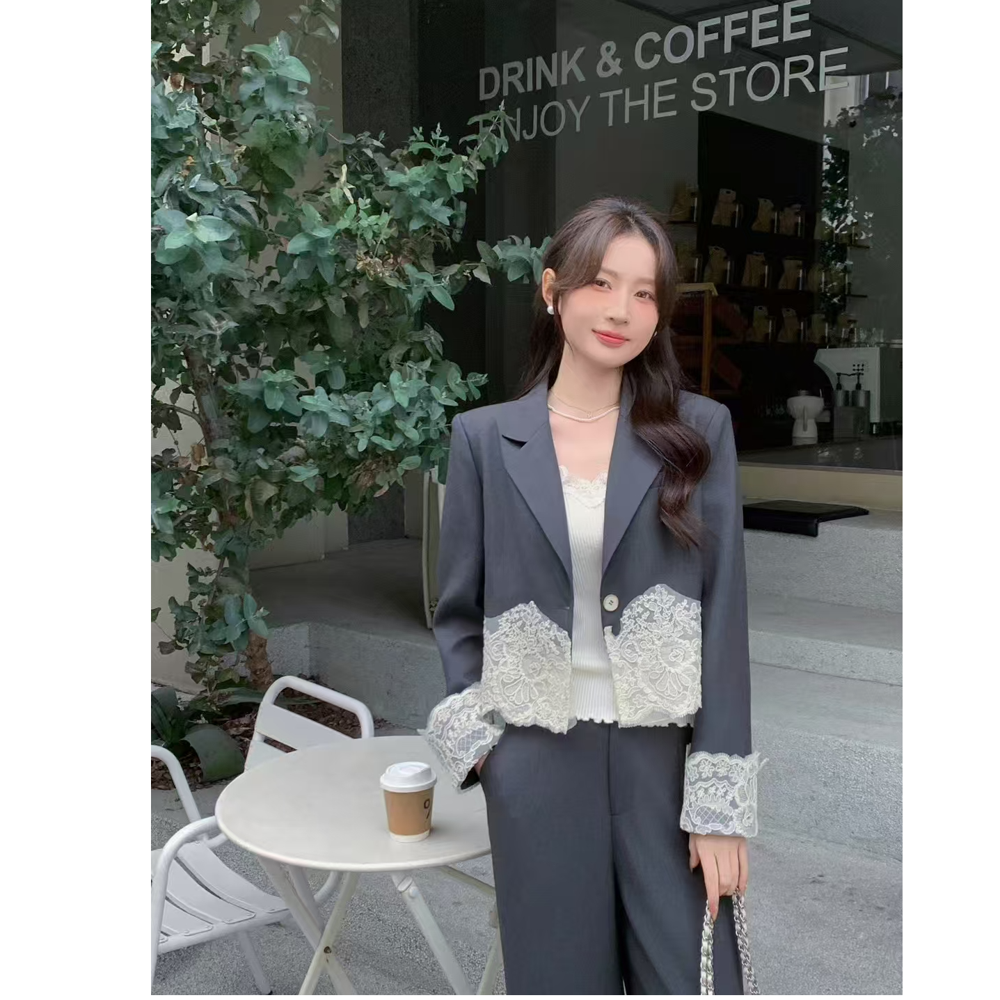 蕾丝拼接西装套装女2025春季新款高级感时尚两件套