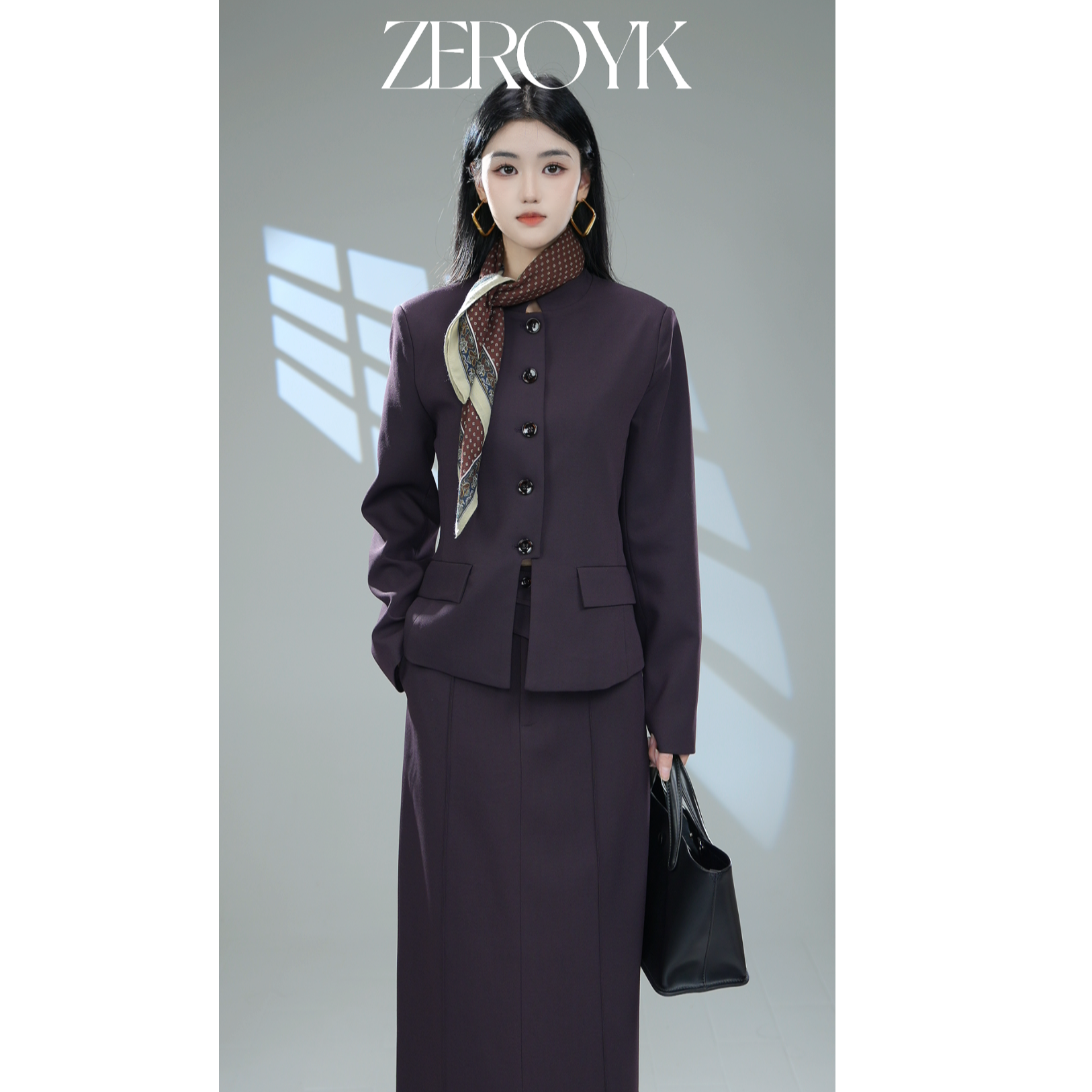 ZEROYK翎蔻 四件套 深圳南油高级小立领上衣 半裙 腰封 丝巾套装