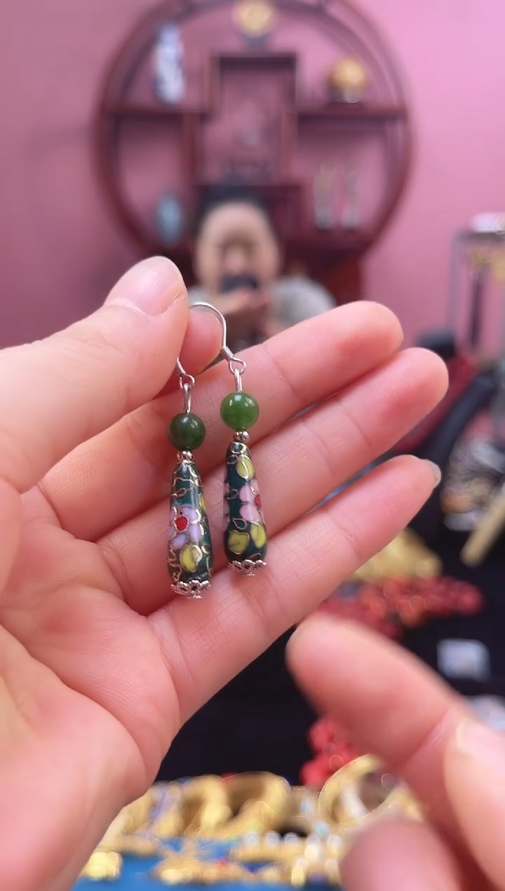 非遗 景泰蓝耳饰 水滴 绿色