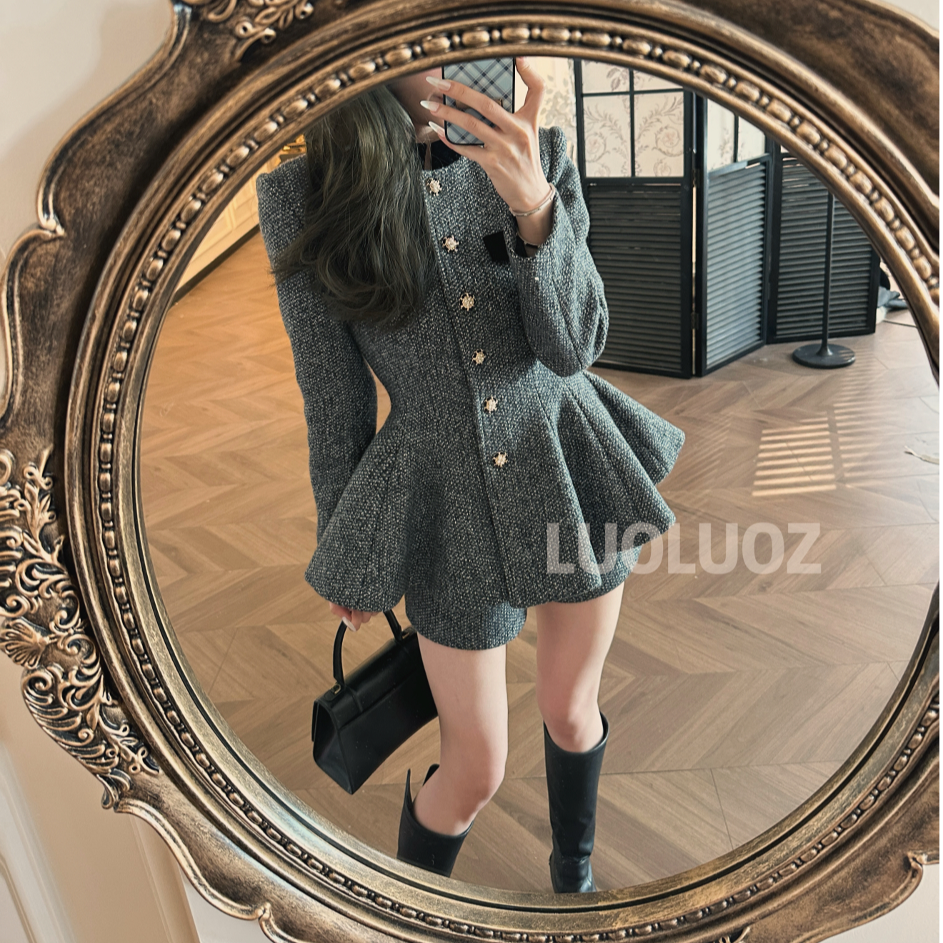 LUOLUOZ【诺丁山】收腰气质下摆设计外套＋半身裤子两件套JF1110