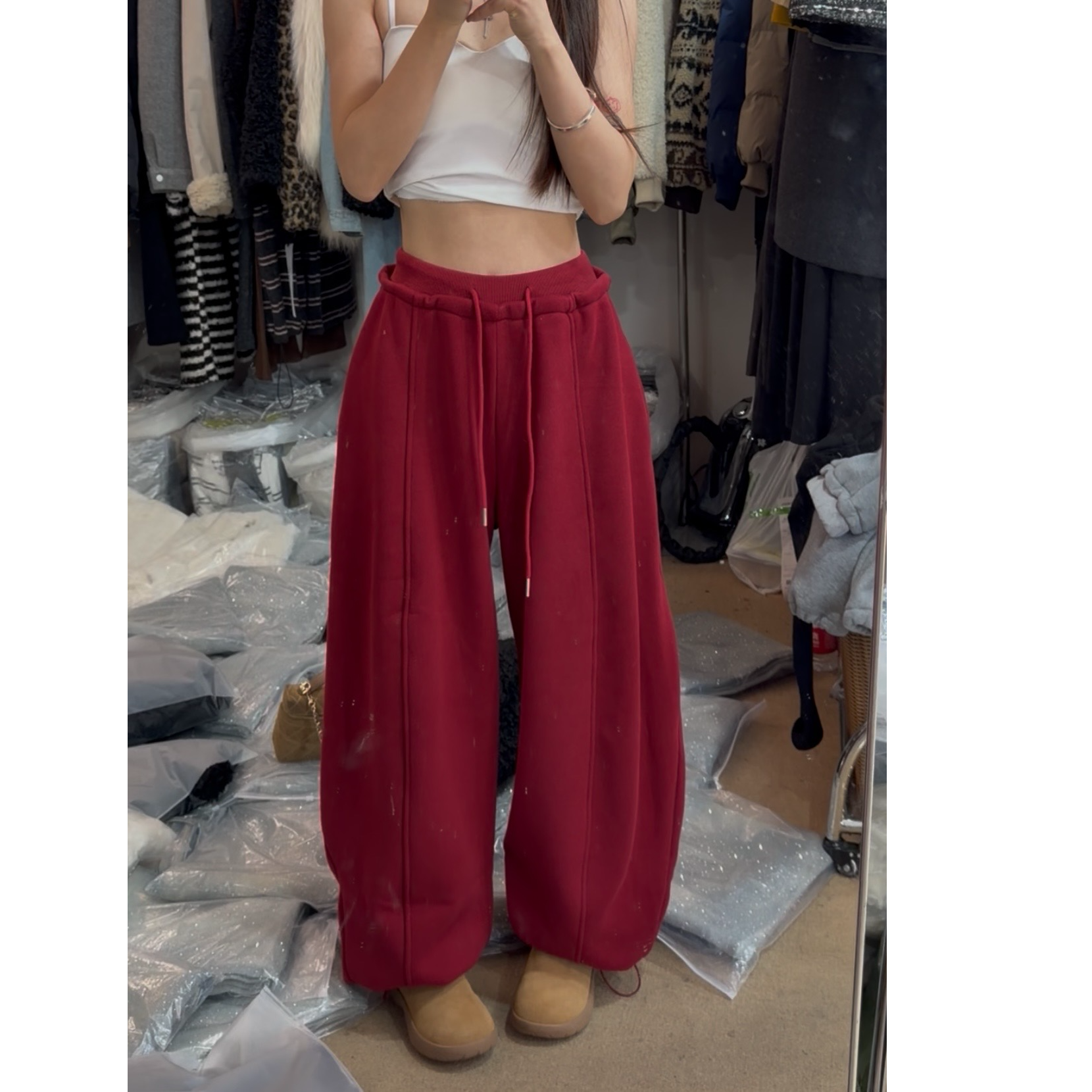 新款加绒高腰宽松弯刀阔腿女休闲卫裤