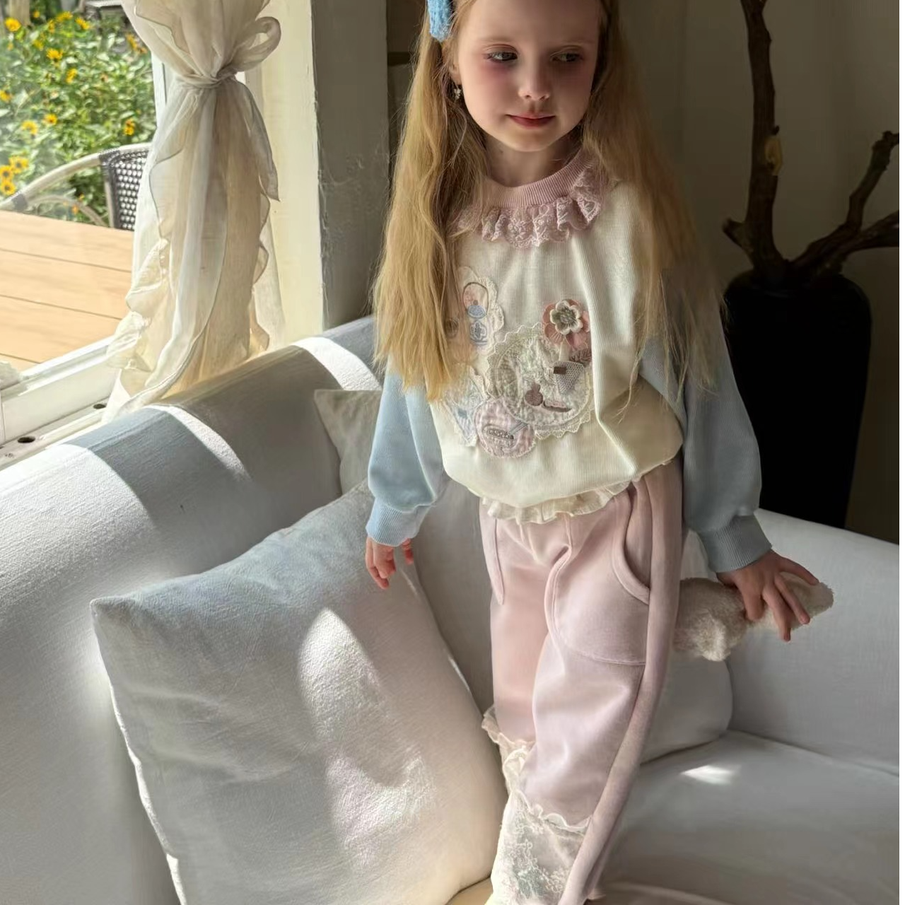 法洛莉•25秋~花朵蕾丝边卫裤52809粉色20-9