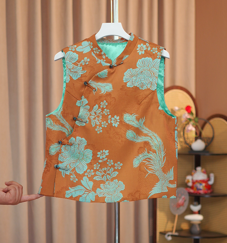 【凤穿牡丹】新中式改良旗袍领斜襟盘扣提花女时尚洋气国风马甲刺绣