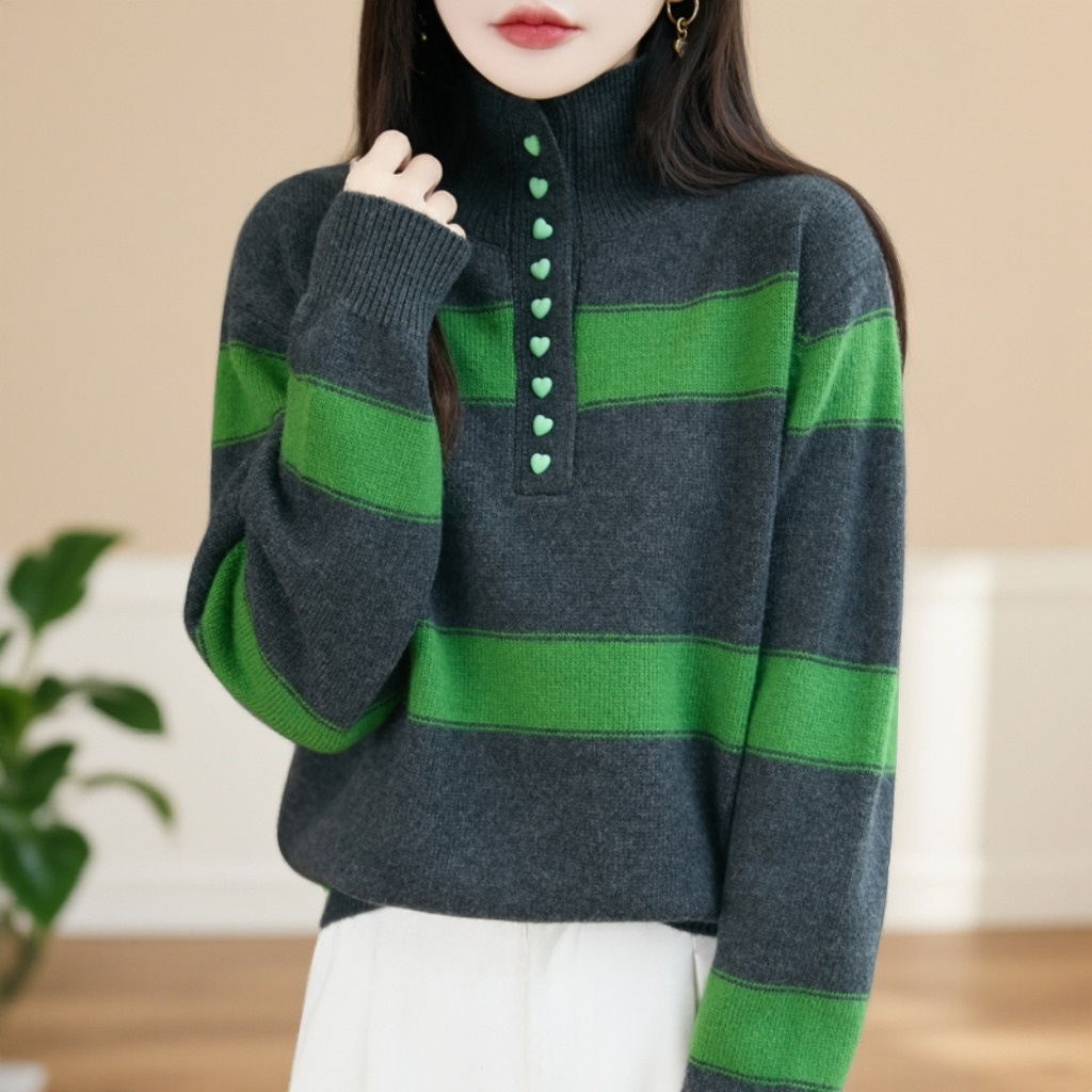 鄂尔斯市羊毛衫女条纹半高领毛衣秋冬爆款上衣加厚羊绒打底衫女
