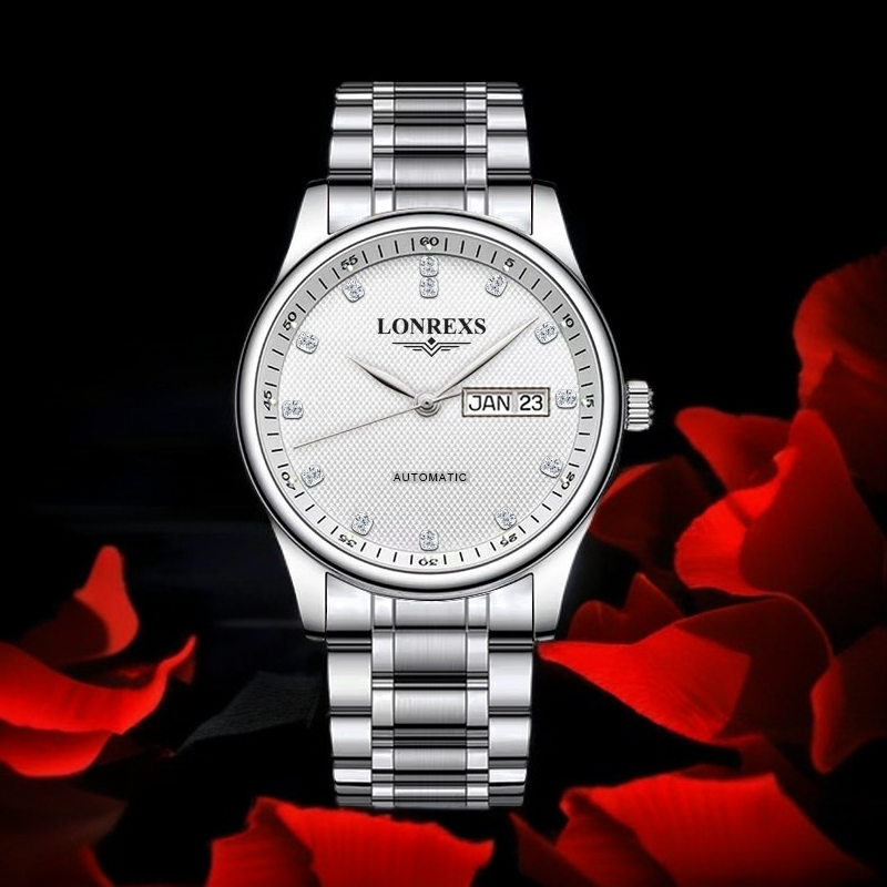 LONREXS正品颗粒纹经典白面钢带男士手表防水时尚百搭潮流腕表