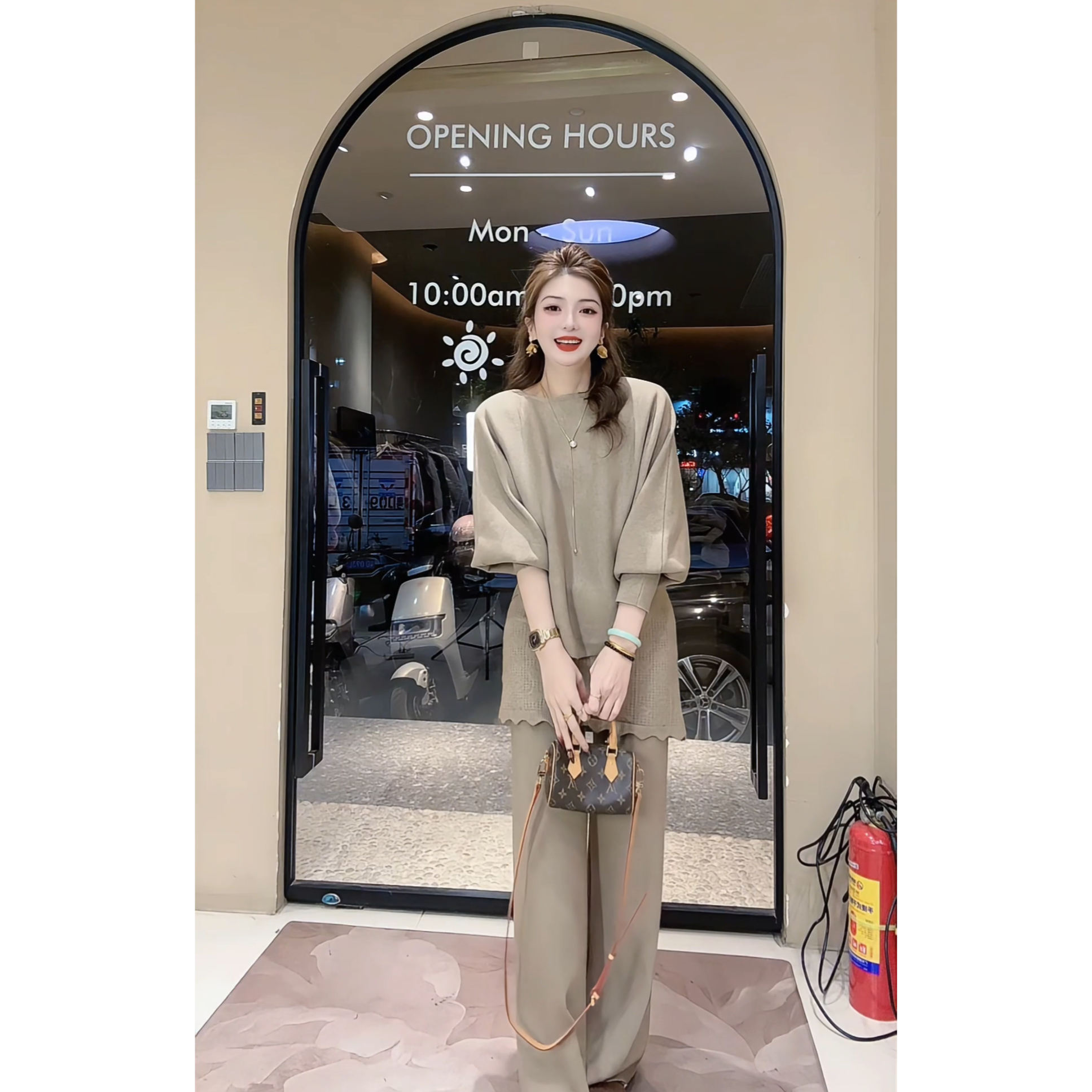 涵儿家 高级感气质两件套（蝙蝠袖针织上衣+假两件松紧腰长裤）