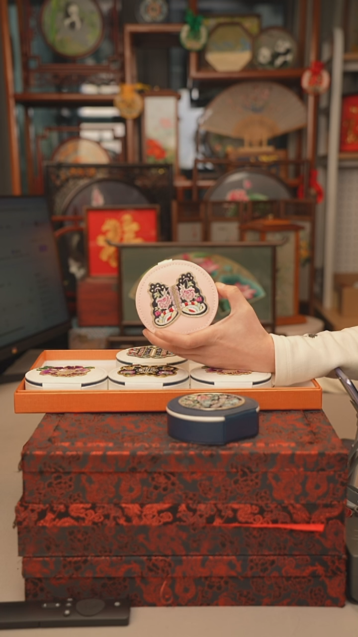 扇子首饰盒 绣花双面非遗