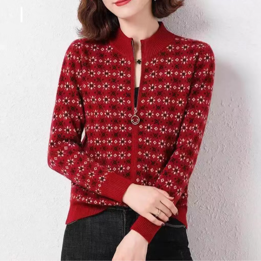 2025春秋冬新款开衫外套拉链毛衣女士碎花短款软糯上衣妈妈装