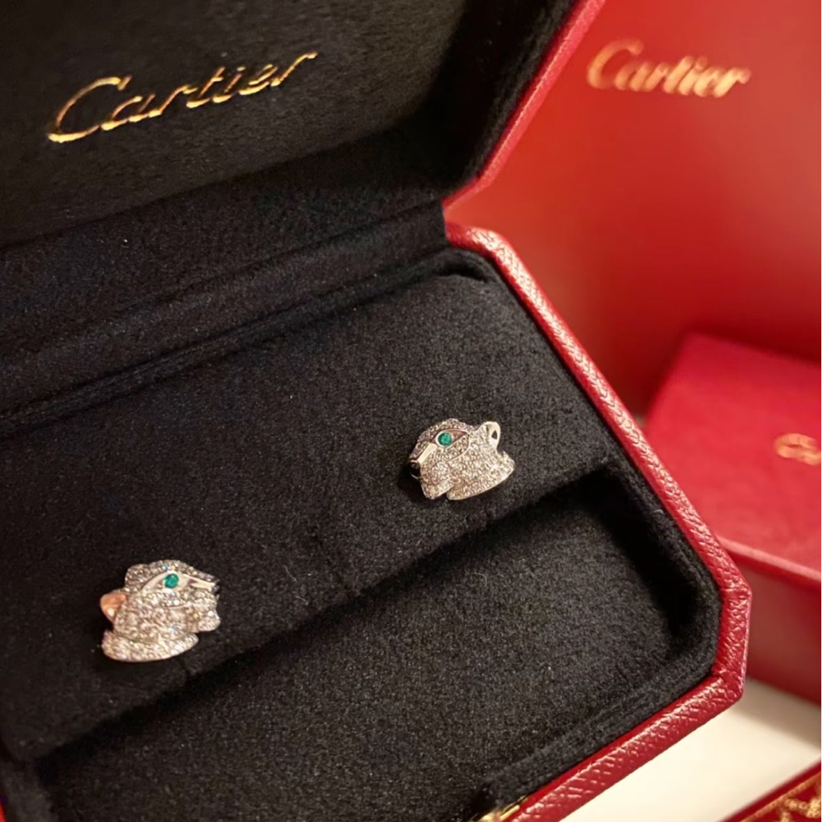 99新 Cartier/卡地亚 小花6珊 豹子耳钉 白金 钻石 满钻 猎豹