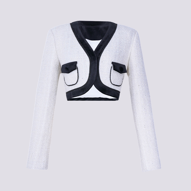 气质V领小香风外套女2025年春季新款百搭水钻花扣撞色西装3801028