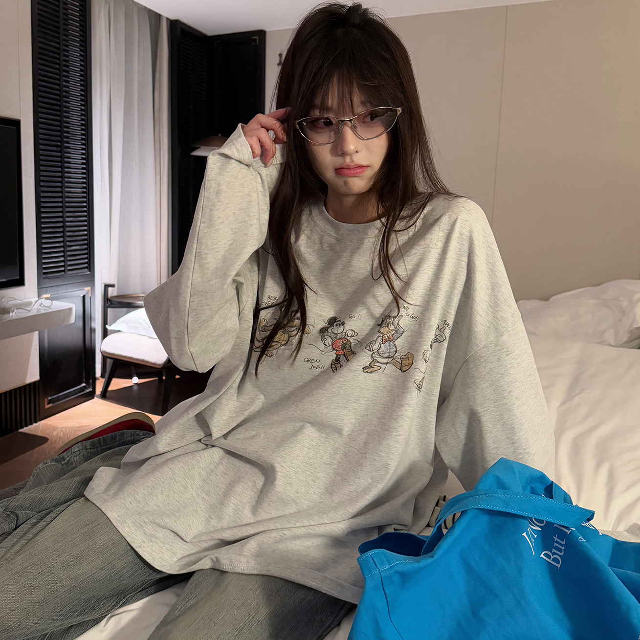 怀旧卡通印花长袖t恤女早秋防晒衣2025新款韩系慵懒百搭宽松上衣