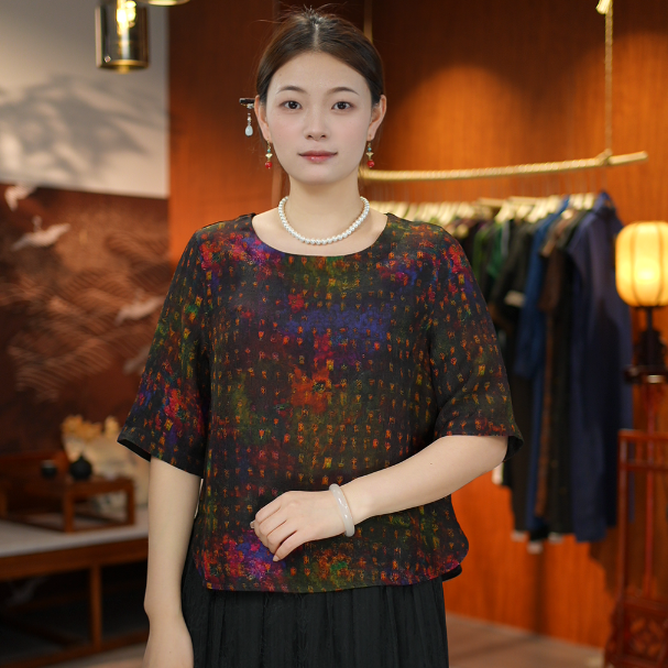 【冠乐绉-彩染甲骨文】双面穿复古风设计感精品上衣37094