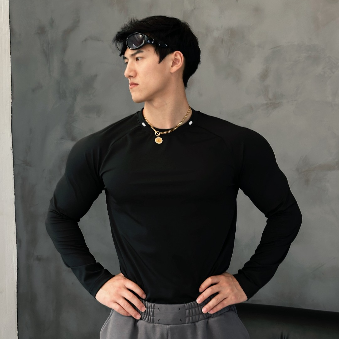 AOBOYUAN美式纯色拼接鲨鱼皮插肩长袖秋冬季圆领运动上衣透气训练