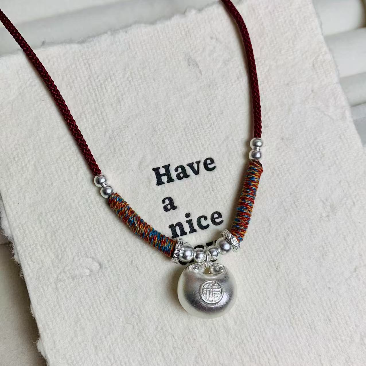 吊坠足银 足银999小胖福袋吊坠编绳项链时尚百搭编织