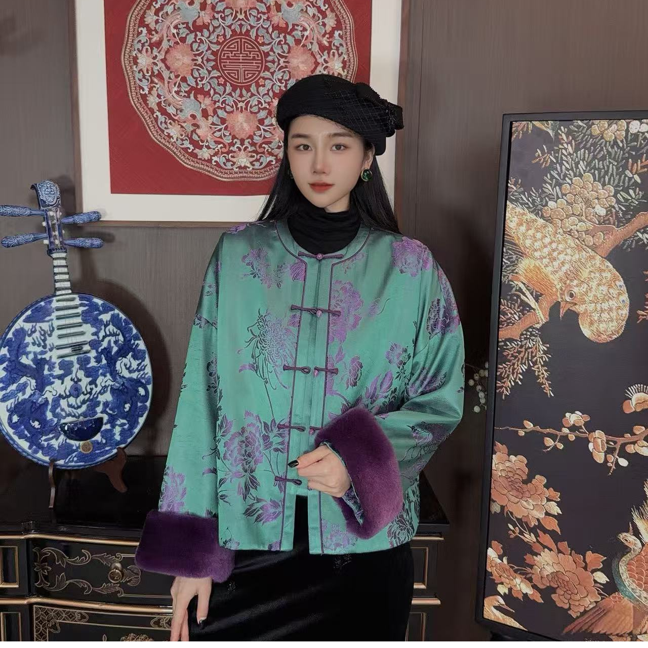 Betty Bairn【臻藏/老缎】新中式禅意收藏级老缎拼兔毛棉外套Q7556