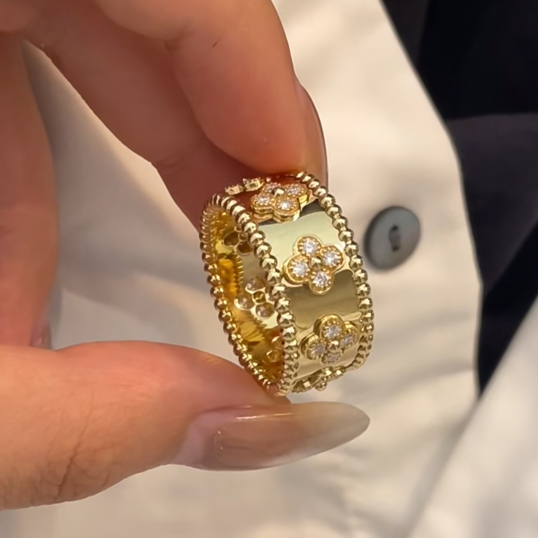 99新 梵克雅宝 珊珊活动 万花筒镶钻戒指 宽版 中号 18K黄金 52 
