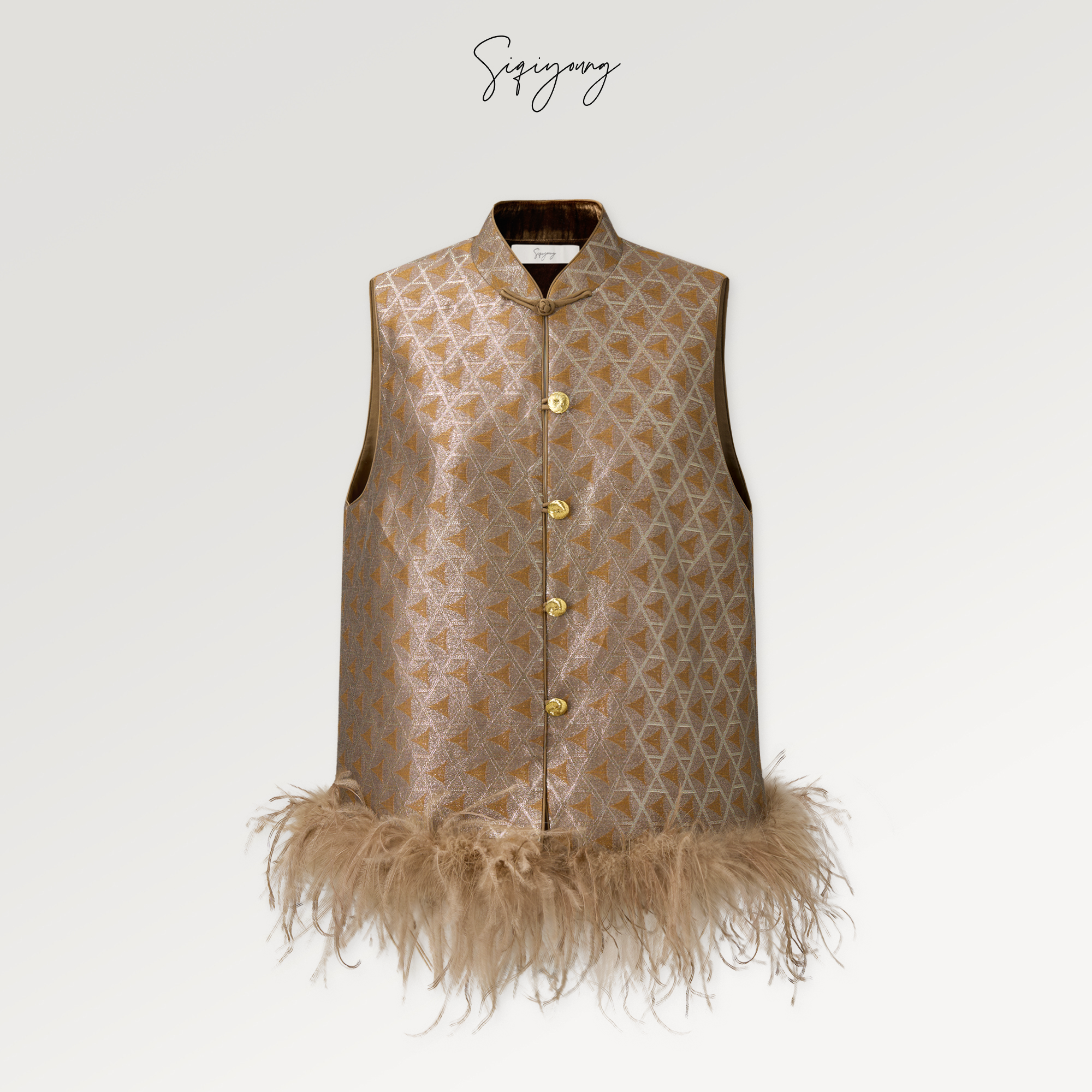 SIQIYOUNG 浮光跃金-优雅千金感菱形纹鸵鸟毛马甲