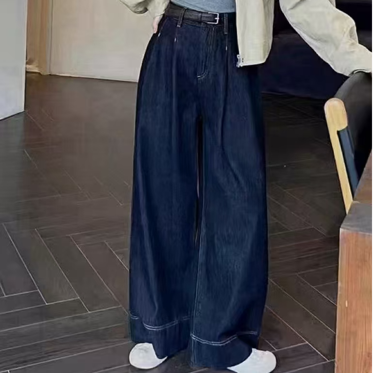 [大歌服饰] 春季复古女高腰软牛仔明线阔腿裤
