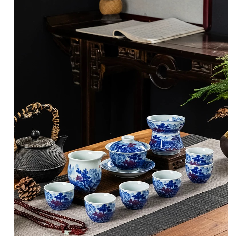 景德镇青花山水功夫茶具套装高档家用陶瓷三才盖碗茶杯办公室会客