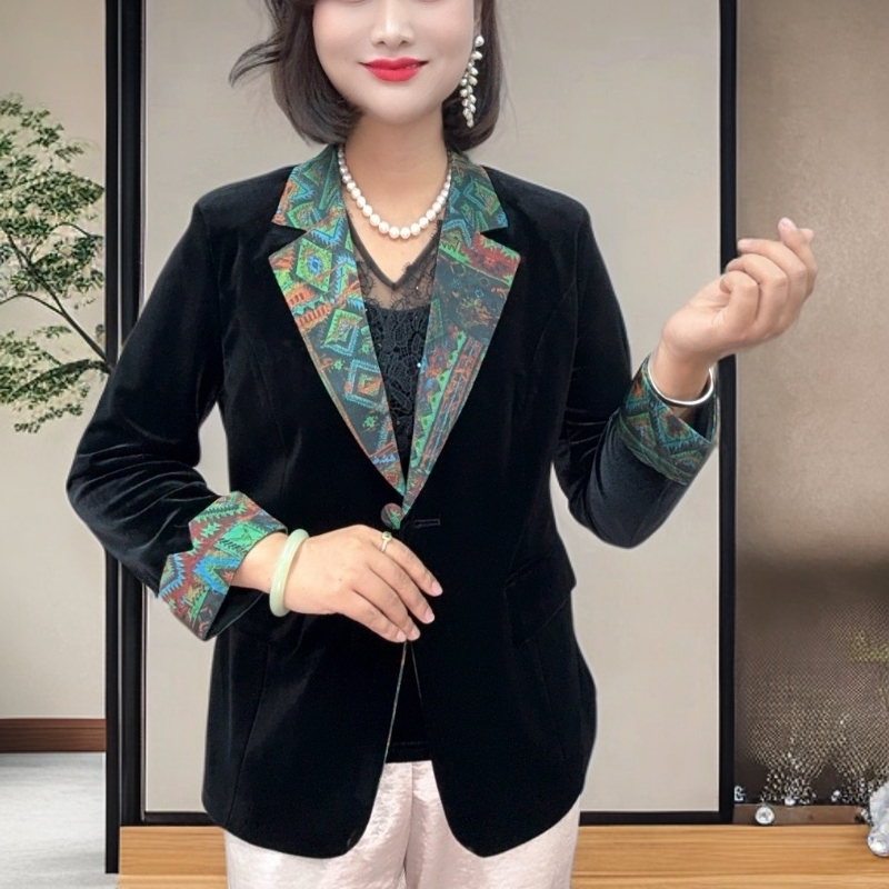 新品修身百搭显瘦丝绒拼色领休闲时尚长袖西装外套