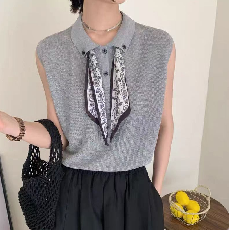 花倾慕POLO领丝巾冰丝针织衫女夏装新款洋气无袖小衫背心7701