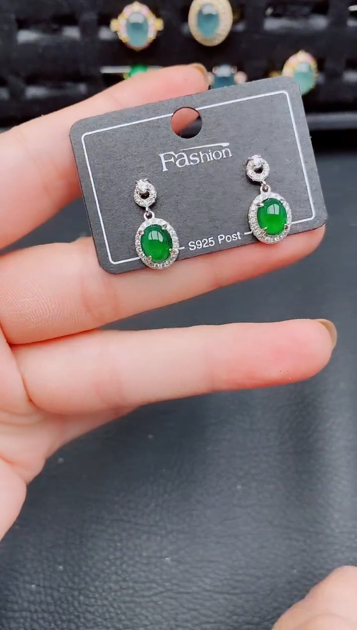 【闪购商品】翡翠耳饰银S925镶嵌天然a货翡翠766