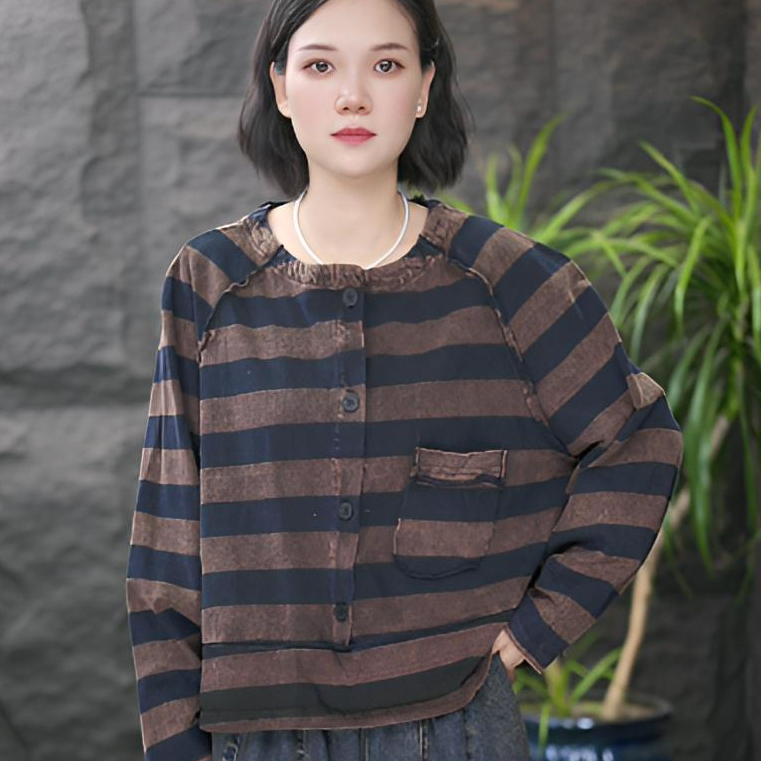 FF秋季时尚森系长袖女装条纹短款休闲毛衫卫衣中长款