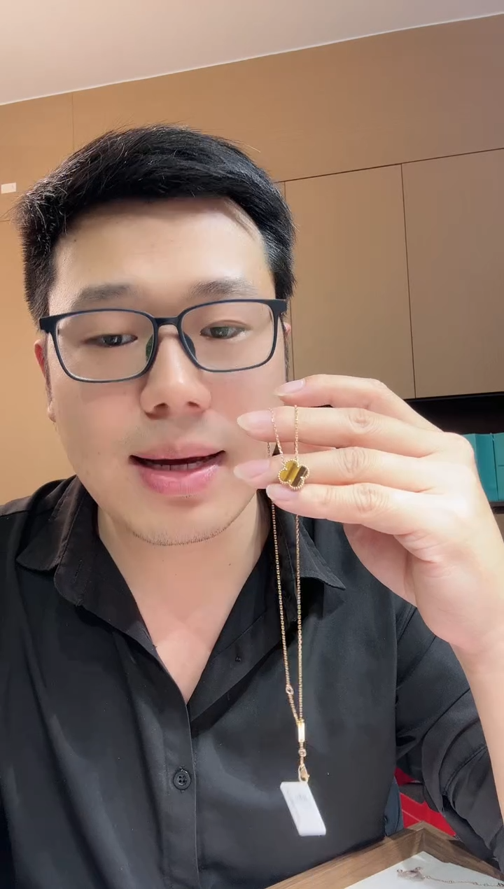 【闪购商品】木变石（虎睛石）套链18K金镶嵌黄色k黄，四叶草套链25版