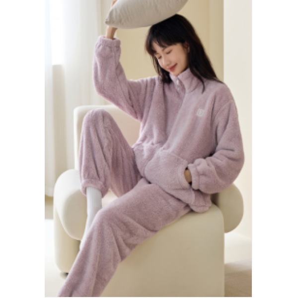 情侣可外穿舒棉绒家居服套装加绒加厚保暖胸标拉链款【ZST】