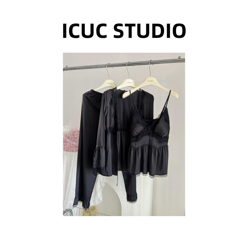 ICUC定制-【露丝同款】春季款蕾丝性感冰丝吊带长袖长裤三件套