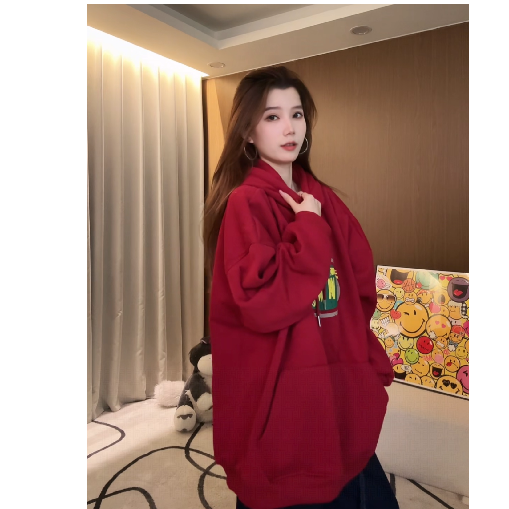 2025冬季新款加绒大版卫衣慵懒风印花套头连帽百搭宽松卫衣6604