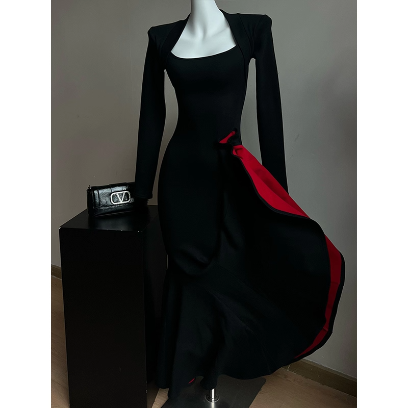 6-8米运补【红底步步生莲】秋冬方领步步生莲鱼尾新款气质性感长裙