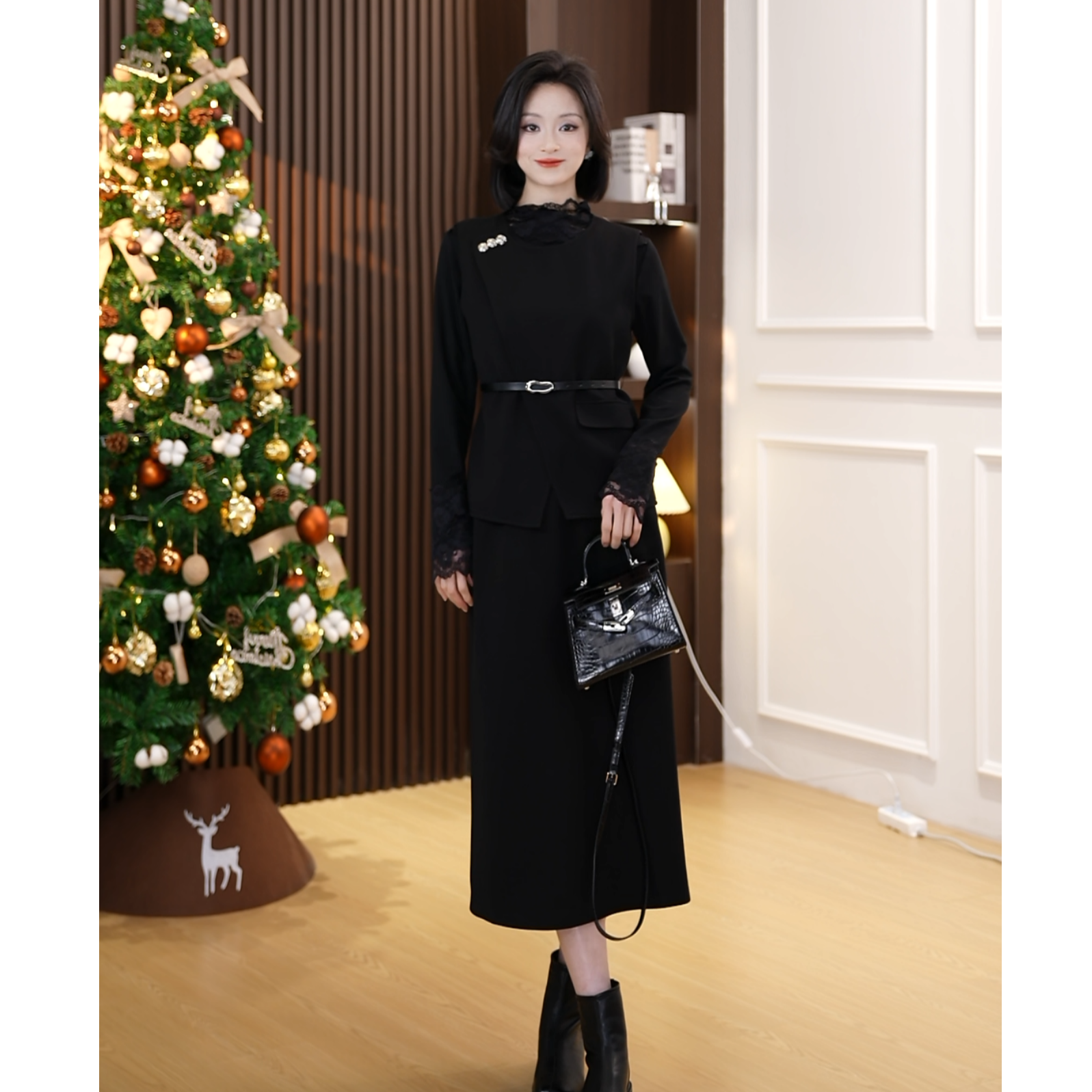 【小爽Eris】高级感不规则马甲+蕾丝长袖T恤+中长款半裙腰带四件套