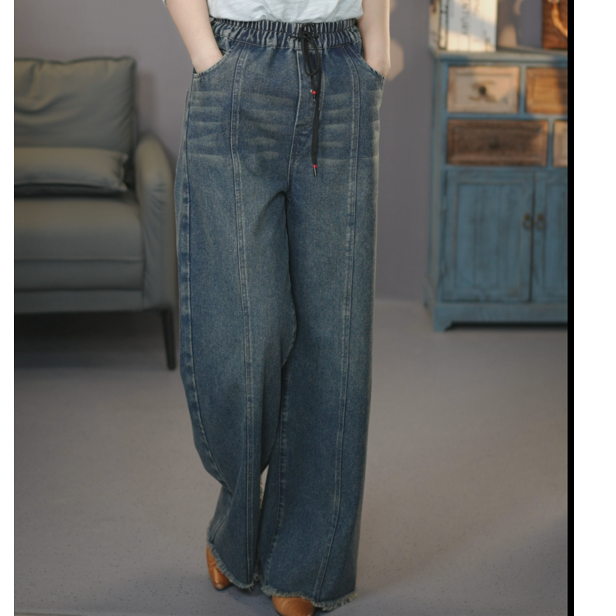 6798蓝#2025春季复古显瘦牛仔直筒裤松紧腰时尚拖地梧桐裤