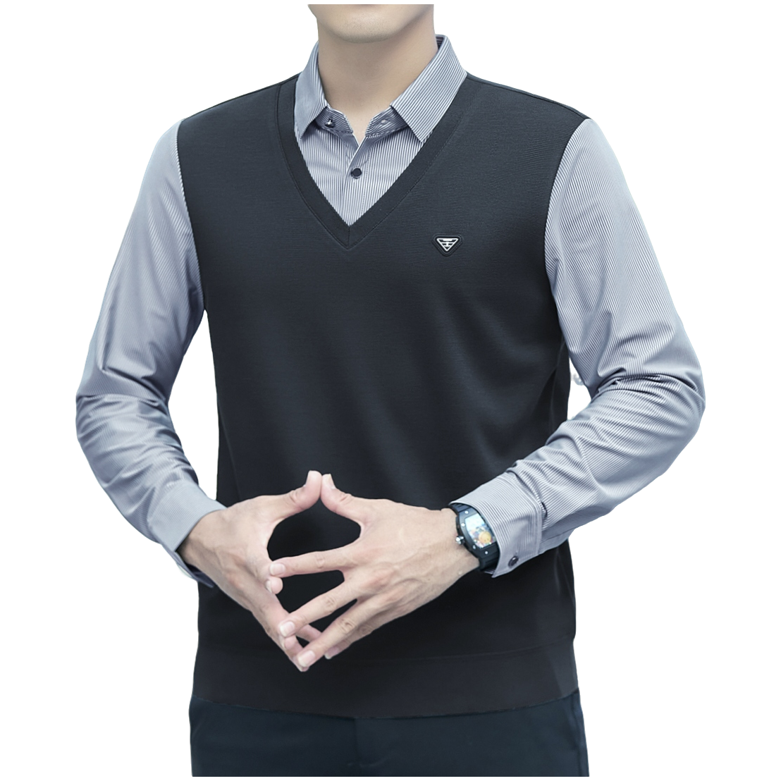 春秋款男士针织假两件翻领T恤