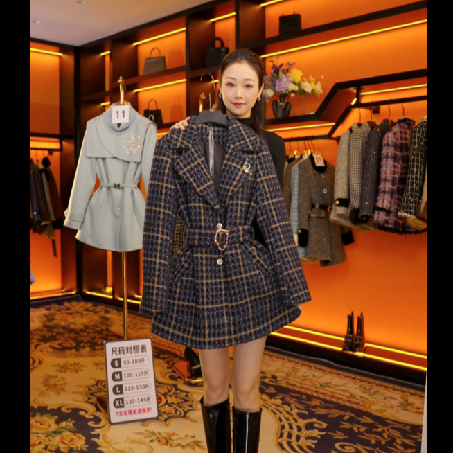 【GG】设计师气质小香风格子冬季时尚女士收腰中长款  Y907