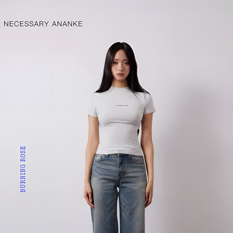 NECESSARY ANANKE 25秋季新款浅灰色灰色刺绣修身短袖打底衫显瘦