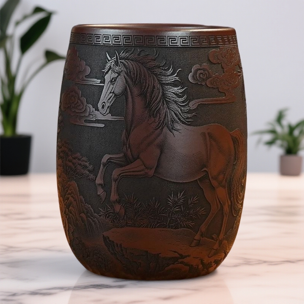 紫砂茶杯原矿石红纯手工刻绘八骏图主人杯龙蛋杯180cc