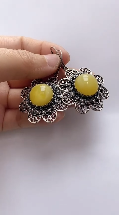【闪购商品】琥珀裸石银S925镶嵌蜜蜡耳坠