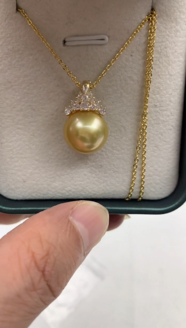 银S925镶嵌ff海水珍珠金珠吊坠(赠链）13~14mm