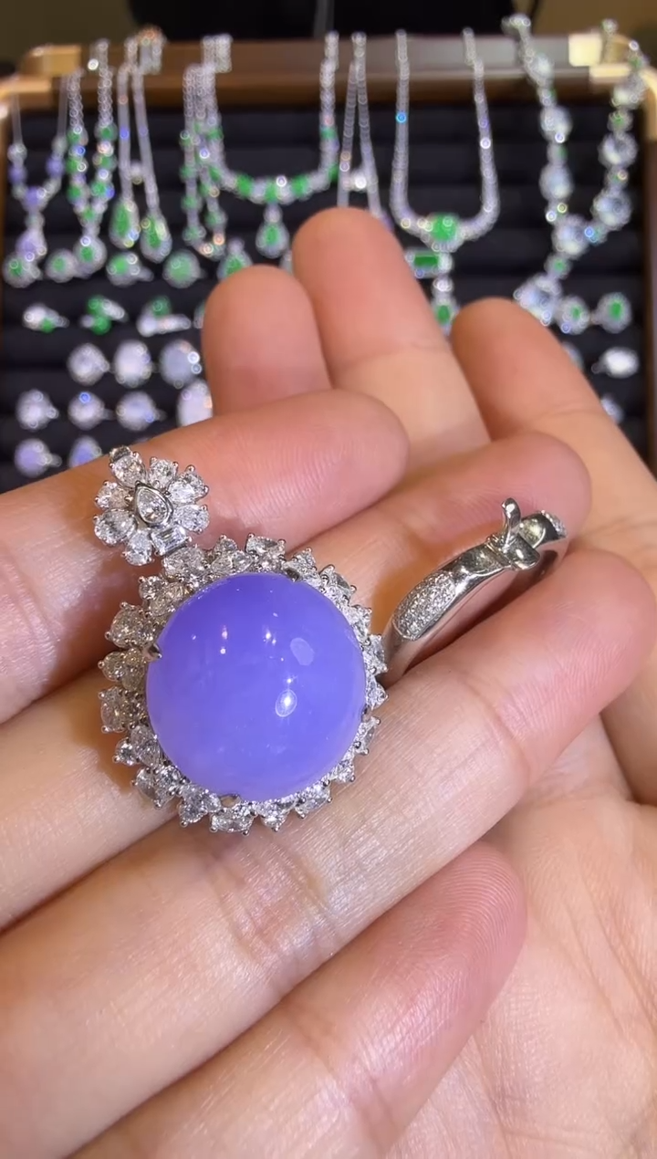 【闪购商品】翡翠戒指18K金镶嵌满紫蛋面戒指吊坠两用